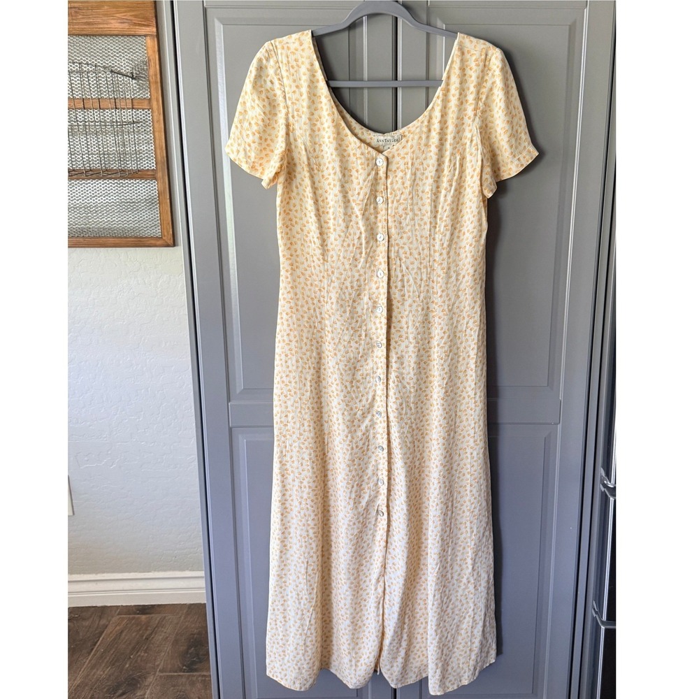 Ann Taylor Vintage Womens Petal Print Button Front Tie Back Maxi Dress,Yellow, 4